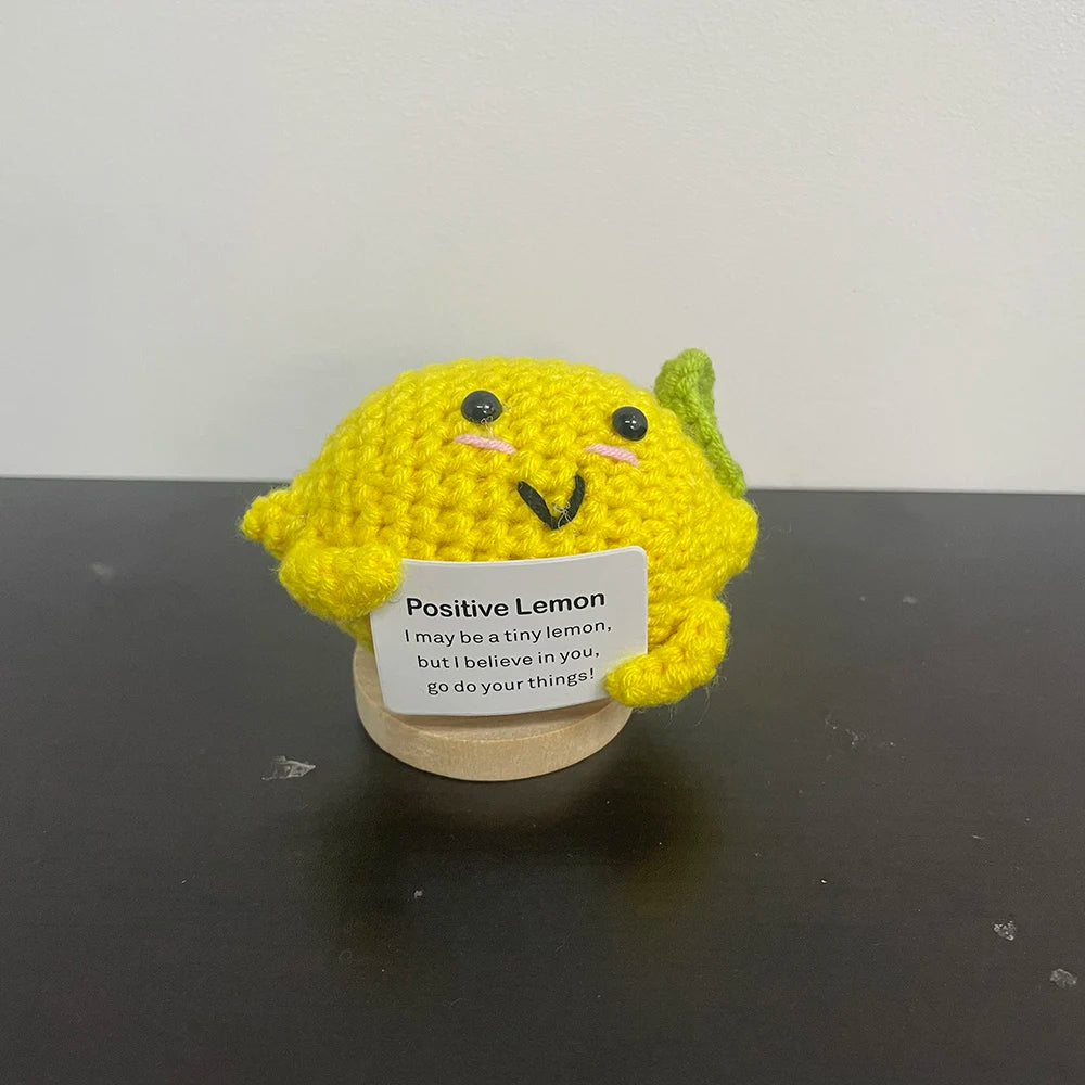 Handmade crochet lemon plush holding motivational sign, adorable amigurumi decor or uplifting gift idea